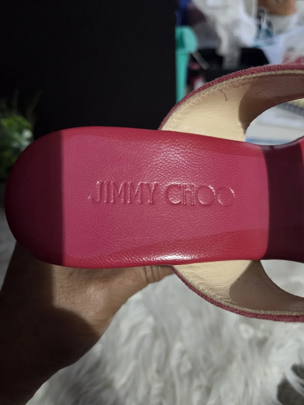 Jimmy Choo Pink Suede Cork Wedge Slide Sandals. Size 7.5, (37.5) women